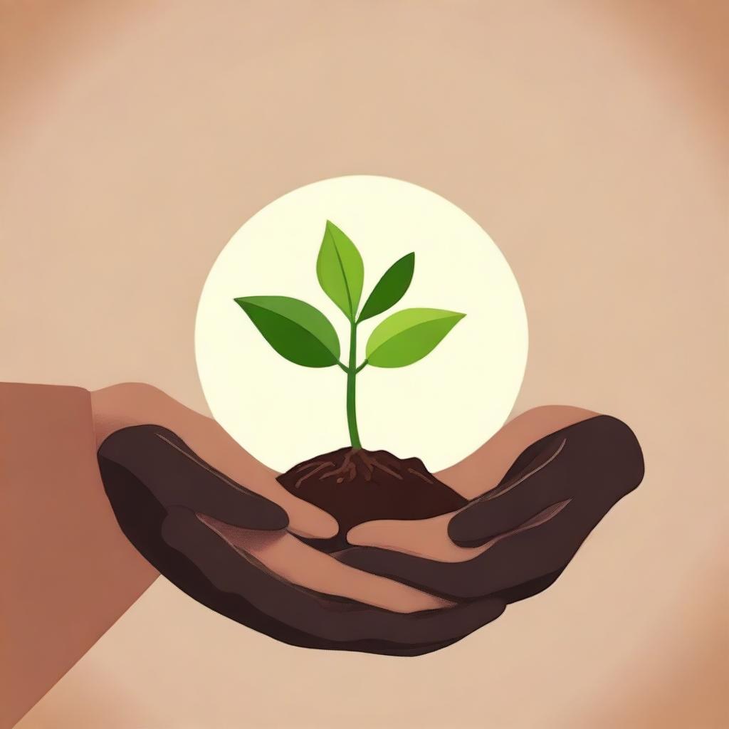 A budding plant growing between the hands of a brown-skinned person, with a circular background