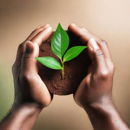 A budding plant growing between the hands of a brown-skinned person, with a circular background