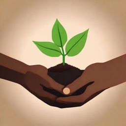 A budding plant growing between the hands of a brown-skinned person, with a circular background