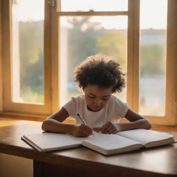 A character is doodling letters in a notebook, with the soft glow of an afternoon sun peeking through a nearby window