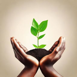 A budding plant growing between the hands of a brown-skinned person, with a circular background