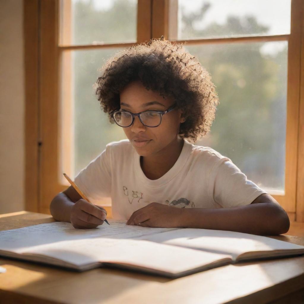 A character is doodling letters in a notebook, with the soft glow of an afternoon sun peeking through a nearby window