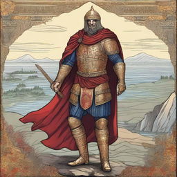 Illustration of a Baltic warrior adorned in lamellar armor, wearing a brightly colored cape