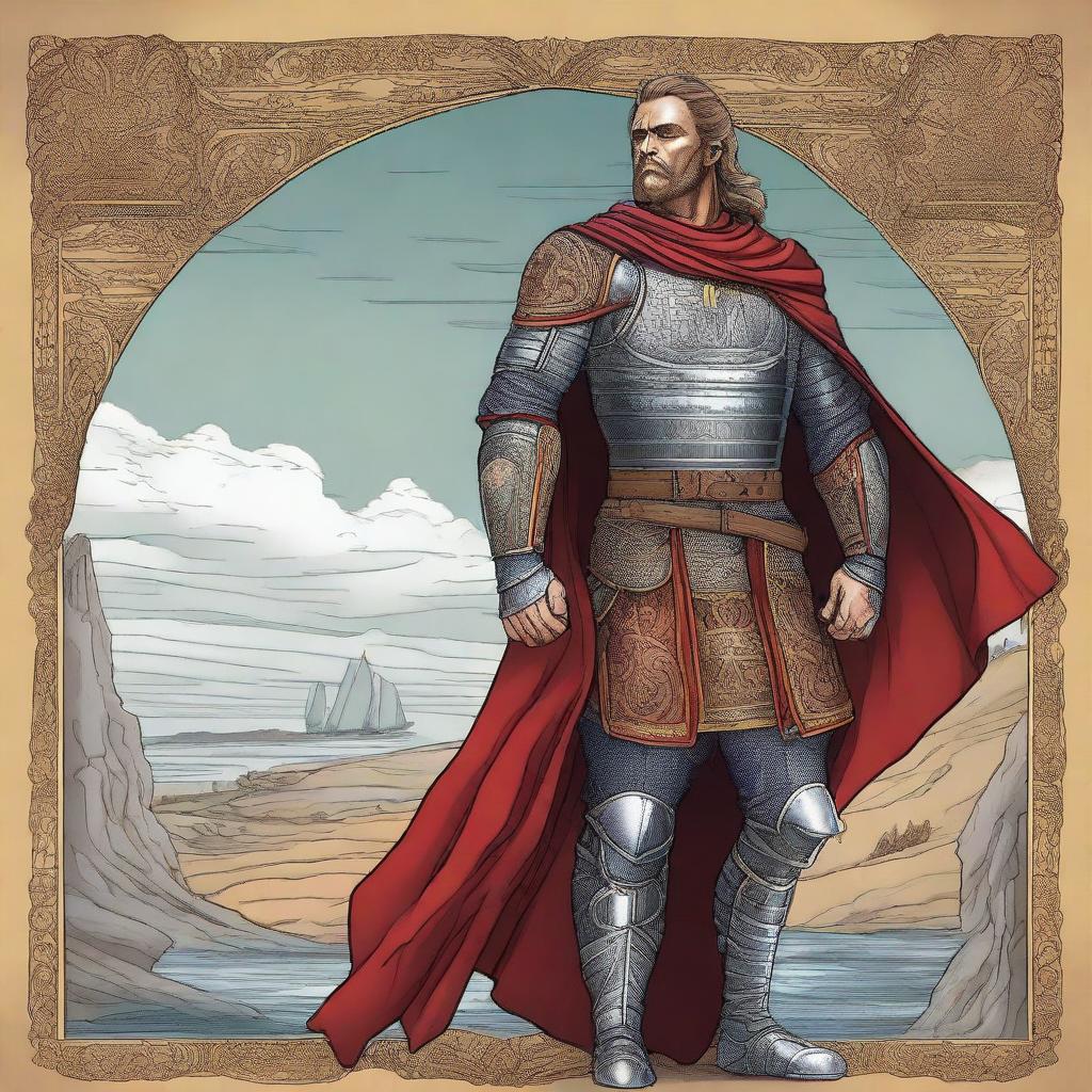 Illustration of a Baltic warrior adorned in lamellar armor, wearing a brightly colored cape