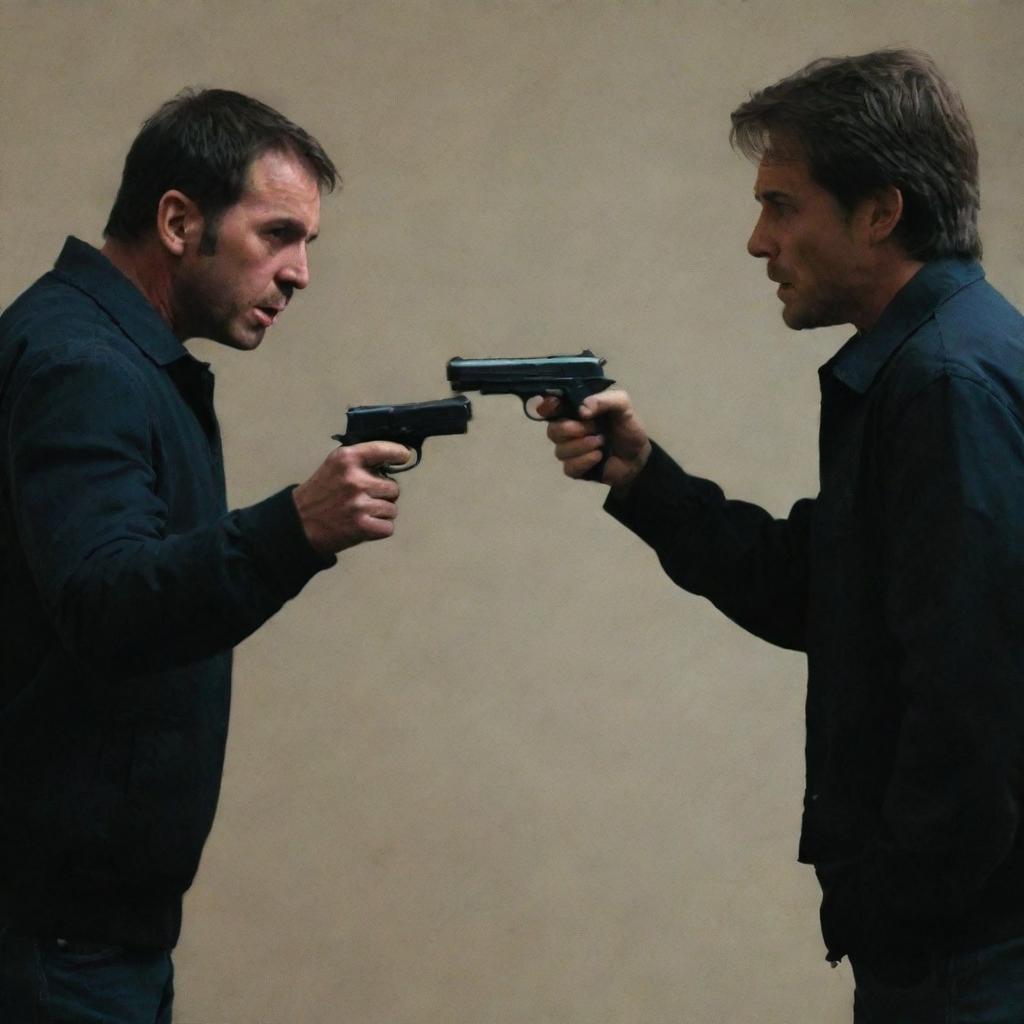 Two men standing face to face in an intense standoff. Each with a gun pointed at the other, their intentions lethal. Their expressionless faces are as black as the night.