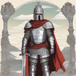 Illustration of a Baltic warrior adorned in lamellar armor and helmet, wearing a bright cape and an ornament on the helmet