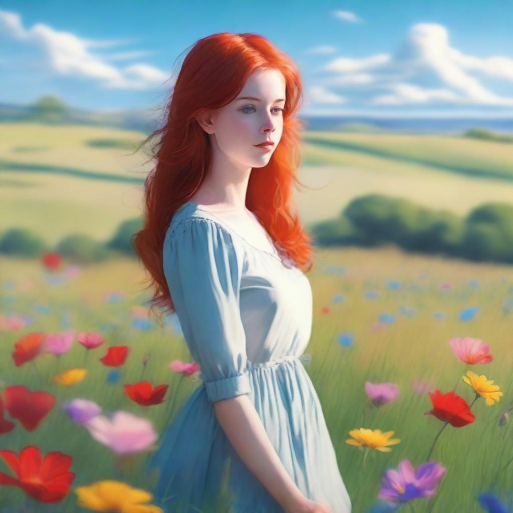 A romantic scene in nature featuring a girl with red hair