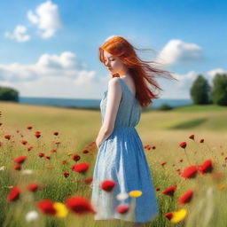 A romantic scene in nature featuring a girl with red hair