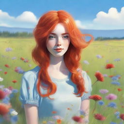 A romantic scene in nature featuring a girl with red hair