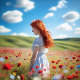 A romantic scene in nature featuring a girl with red hair