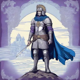 Illustration of a Baltic warrior adorned in ornate armor and helmet, wearing a blue or purple cape