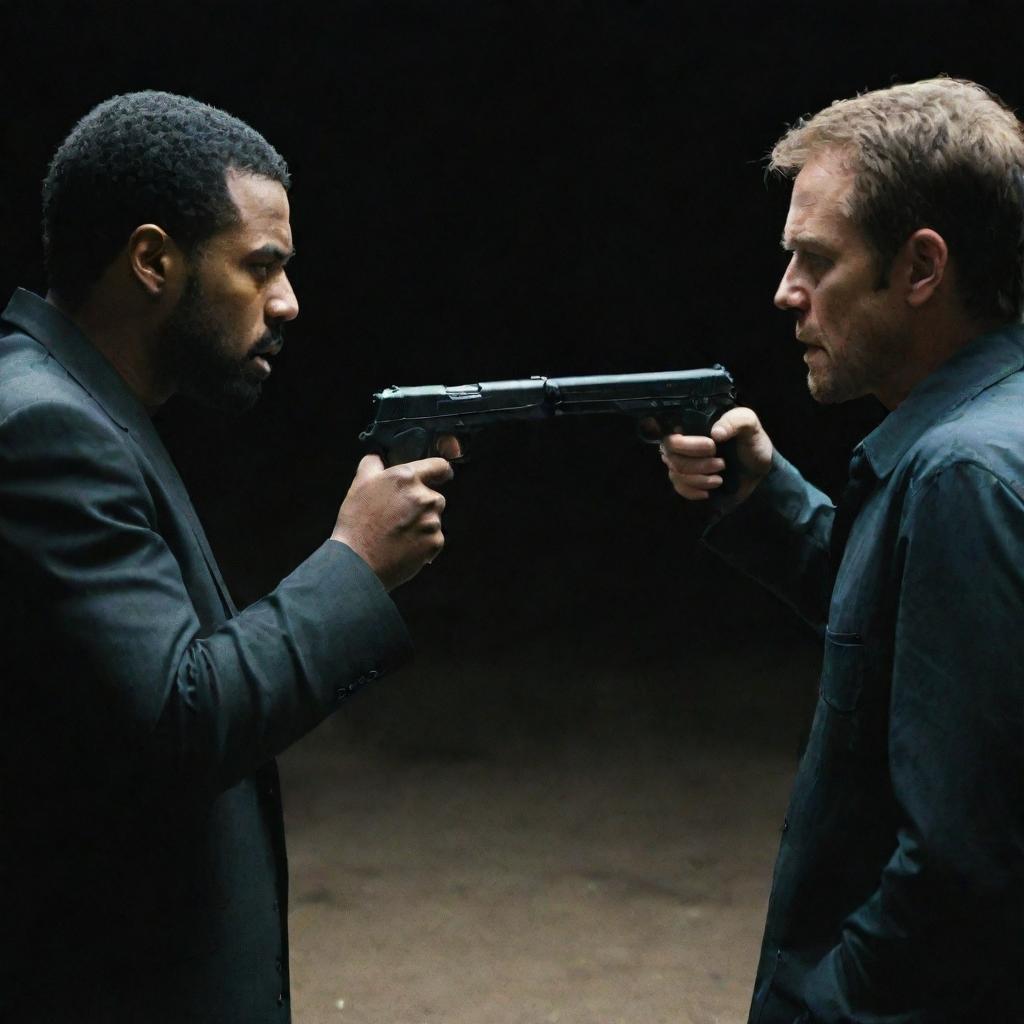 Two men standing face to face in an intense standoff. Each with a gun pointed at the other, their intentions lethal. Their expressionless faces are as black as the night.