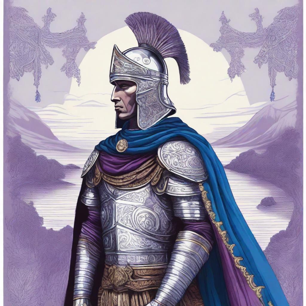 Illustration of a Baltic warrior adorned in ornate armor and helmet, wearing a blue or purple cape