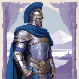 Illustration of a Baltic warrior adorned in ornate armor and helmet, wearing a blue or purple cape