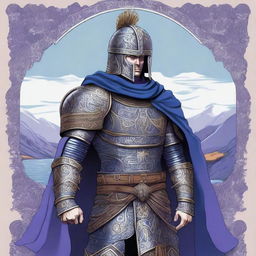 Illustration of a Baltic warrior adorned in ornate armor and helmet, wearing a blue or purple cape