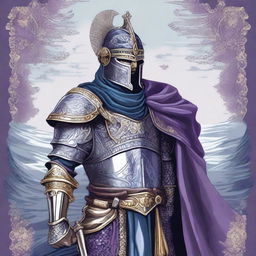 Illustration of a Baltic warrior adorned in ornate armor and a full-head helmet, wearing a blue or purple cape