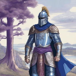 Illustration of a Baltic warrior adorned in ornate armor and a full-head helmet, wearing a blue or purple cape