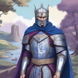 Illustration of a Baltic warrior adorned in ornate armor and a full-head helmet, wearing a blue or purple cape