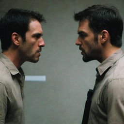 Two men standing face to face in an intense standoff. Each with a gun pointed at the other, their intentions lethal. Their expressionless faces are as black as the night.