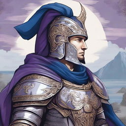 Illustration of a Baltic warrior adorned in ornate armor and a full-head helmet, wearing a blue or purple cape