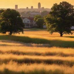 A sunlit field bathed in golden light on the outskirts of Maplewood city