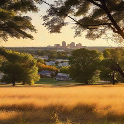 A sunlit field bathed in golden light on the outskirts of Maplewood city