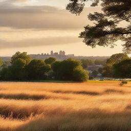 A sunlit field bathed in golden light on the outskirts of Maplewood city