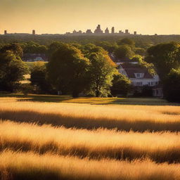 A sunlit field bathed in golden light on the outskirts of Maplewood city