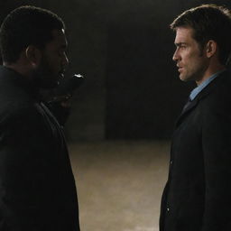 Two men standing face to face in an intense standoff. Each with a gun pointed at the other, their intentions lethal. Their expressionless faces are as black as the night.