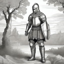 Illustration of a Baltic warrior adorned in impressive yet practical full-body armor, wearing an imposing helmet that covers the face