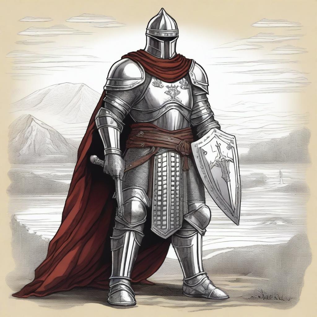 Illustration of a Baltic holy warrior adorned in impressive yet practical full-body armor, wearing an imposing helmet that covers the face