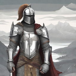 Illustration of a Baltic holy warrior adorned in impressive yet practical full-body armor, wearing an imposing helmet that covers the face