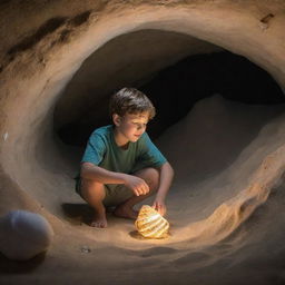 Oliver, in a hidden cave, discovering a glowing seashell. As he listens to the shell, imagine ethereal whispers enveloping him. An enchanting voice leads him to a mysterious treasure map etched into the cave walls.