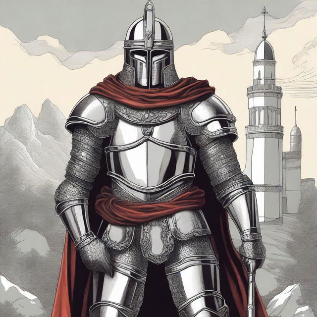 Illustration of a Baltic holy warrior adorned in impressive yet practical full-body armor, wearing an imposing helmet that covers the face