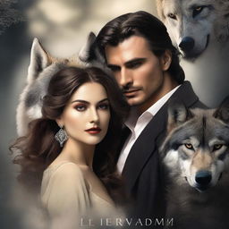 A book cover showing a handsome man hugging a beautiful woman with a wolf head in the background