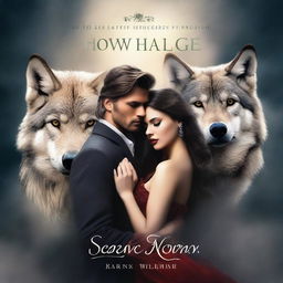 A book cover showing a handsome man hugging a beautiful woman with a wolf head in the background