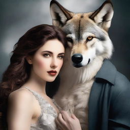 A book cover showing a handsome man hugging a beautiful woman with a wolf head in the background