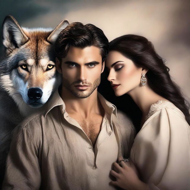 A book cover showing a handsome man hugging a beautiful woman with a wolf head in the background