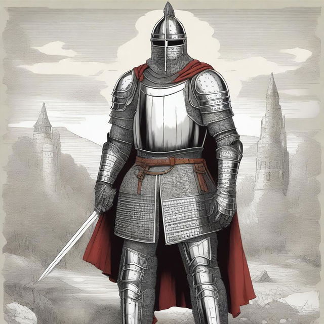 Illustration of an imposing Baltic knight adorned in impressive full-body lamellar, scale, or plate armor, wearing an imposing helmet that covers the face