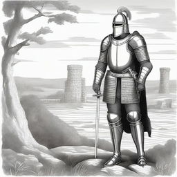 Illustration of an imposing Baltic knight adorned in impressive full-body lamellar, scale, or plate armor, wearing an imposing helmet that covers the face