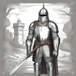 Illustration of an imposing Baltic knight adorned in impressive full-body lamellar, scale, or plate armor, wearing an imposing helmet that covers the face