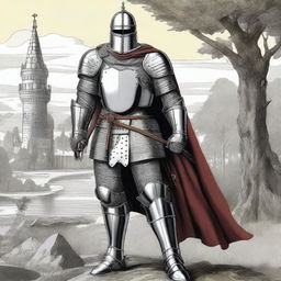 Illustration of an imposing Baltic knight adorned in impressive full-body lamellar, scale, or plate armor, wearing an imposing helmet that covers the face