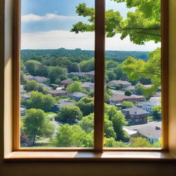 A view from a window overlooking the city of Maplewood with lush green hills in the background