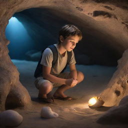 Oliver, in a hidden cave, discovering a glowing seashell. As he listens to the shell, imagine ethereal whispers enveloping him. An enchanting voice leads him to a mysterious treasure map etched into the cave walls.