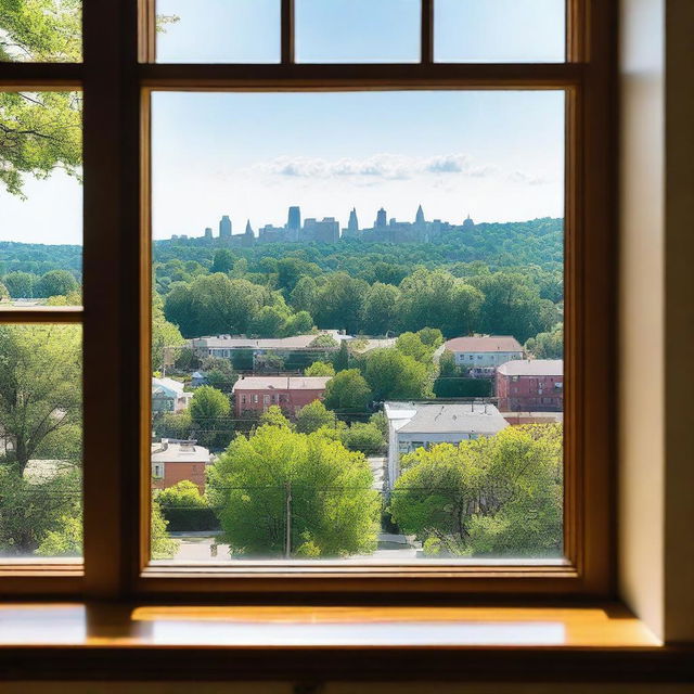 A view from a window overlooking the city of Maplewood with lush green hills in the background