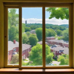 A view from a window overlooking the city of Maplewood with lush green hills in the background