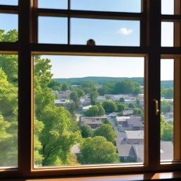 A view from a window overlooking the city of Maplewood with lush green hills in the background