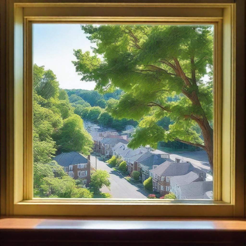 A view from a window overlooking the city of Maplewood with lush green hills in the background