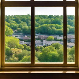 A view from a window overlooking the city of Maplewood with lush green hills in the background