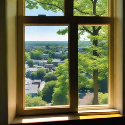 A view from a window overlooking the city of Maplewood with lush green hills in the background